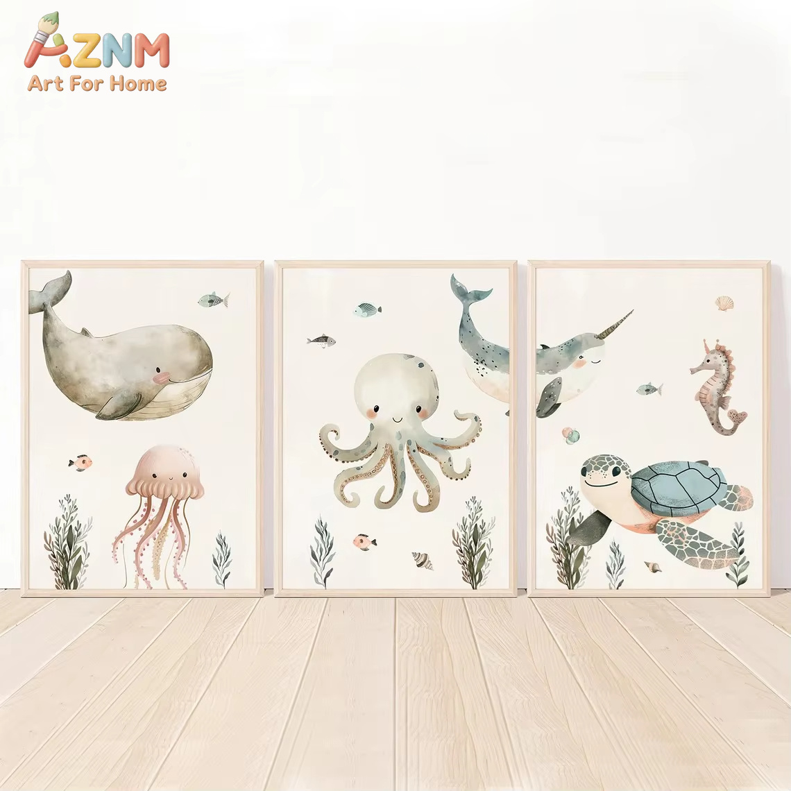 Baby Nursery Ocean - AZNM Lukisan Kanvas Hewan Laut Lucu