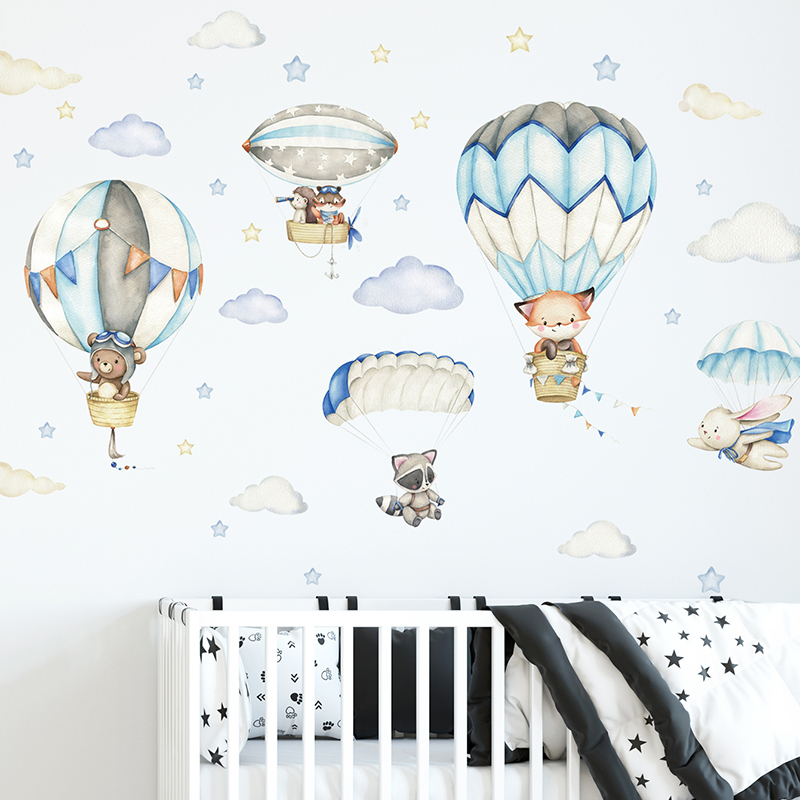 Baby Nursery Artwork - Stiker dinding balon udara hewan lucu
