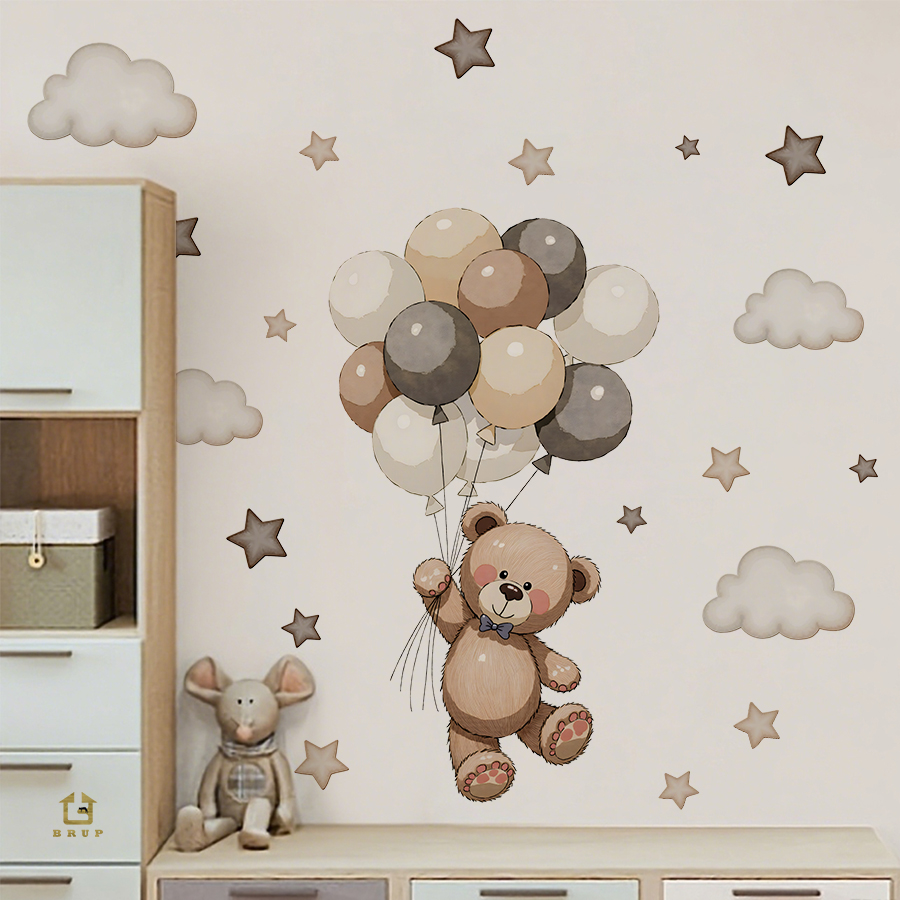 Baby Nursery Artwork - Stiker Dinding Beruang Teddy yang Menggemaskan,