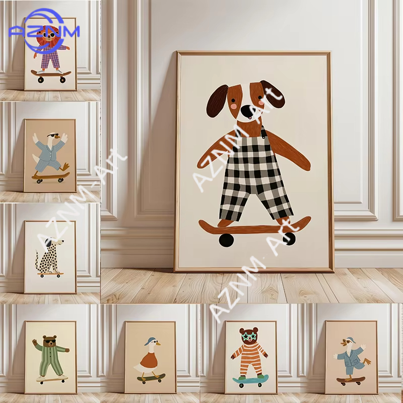 Baby Nursery Artwork - 1 Buah Poster Skateboard Hewan Lucu