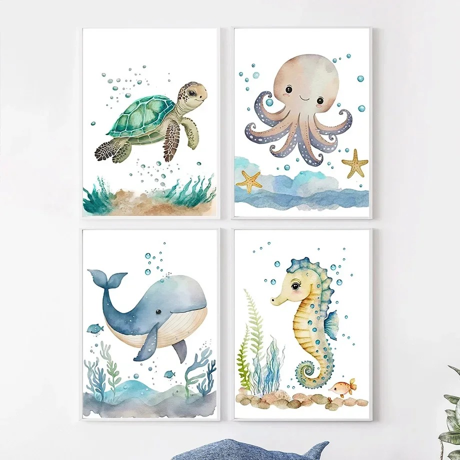 Baby Nursery Ocean - Poster Seni Dinding Lucu Motif Paus