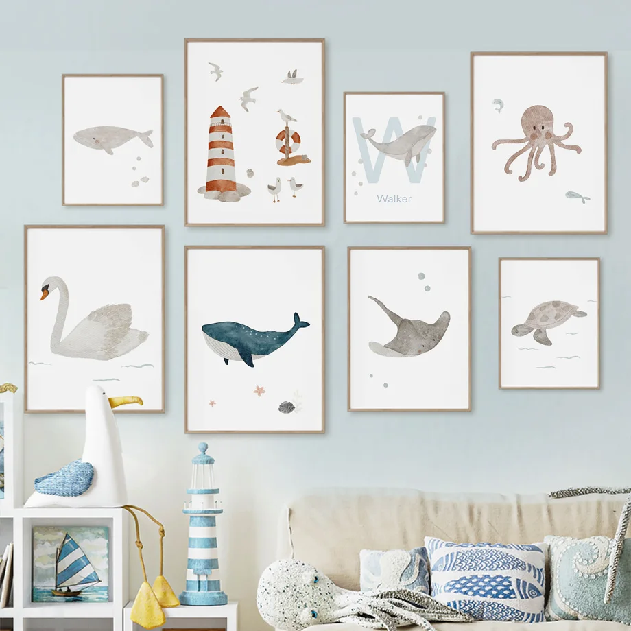 Baby Nursery Ocean - Kustom nama paus gurita penyu angsa