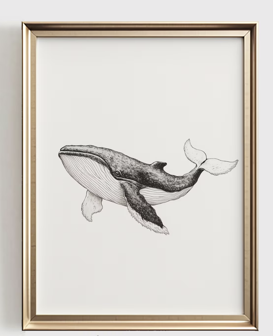 Baby Nursery Ocean - Cetakan Seni Garis Paus, Dekorasi Kamar